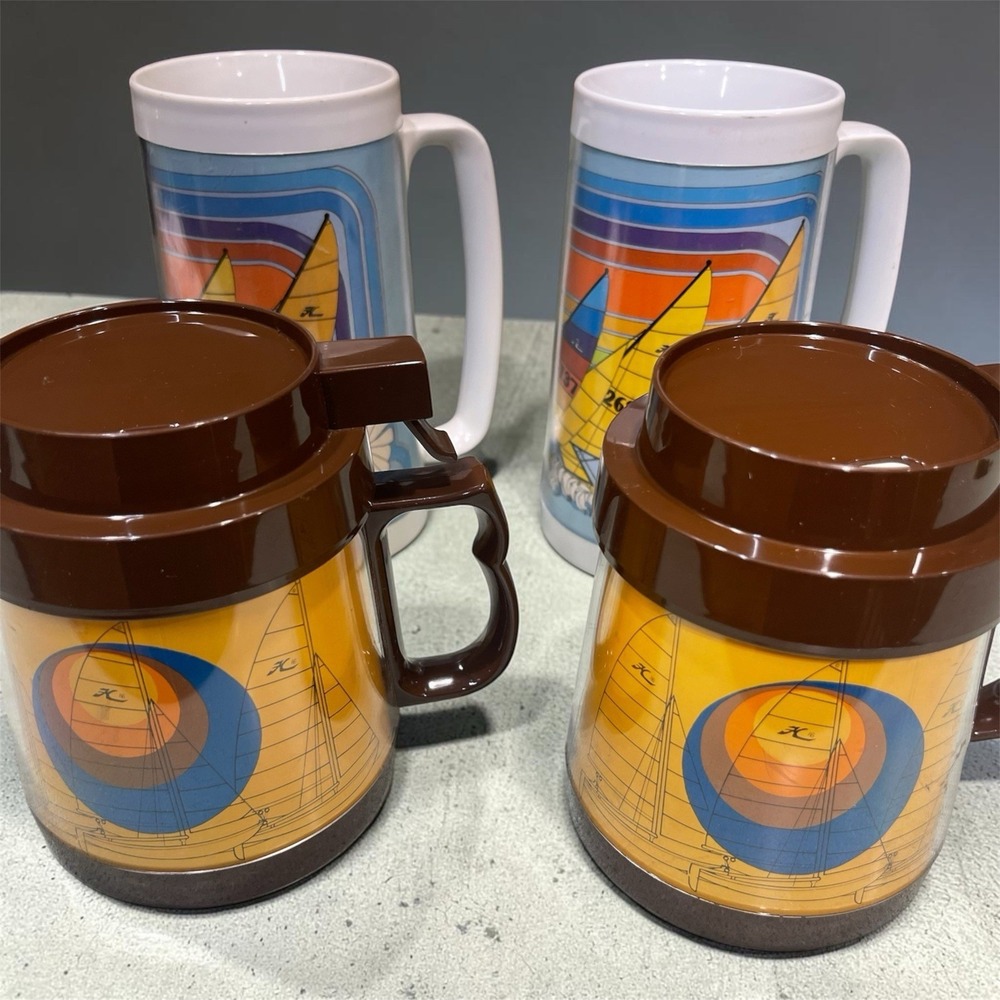 Vintage Thermo-Serv Insulated Mug Cup Sailboat Design Lot Of 4